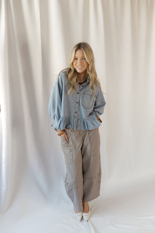 Mara Ruffle Hem Denim Shirt - The Red Thread Boutique