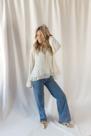 Maeve Ruffle Chiffon Top, Cream - The Red Thread Boutique