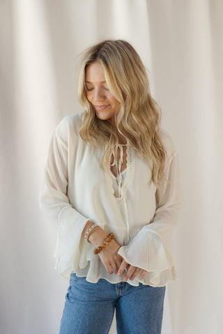 Maeve Ruffle Chiffon Top, Cream - The Red Thread Boutique