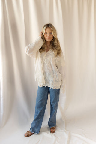 Tilly Embroidered Button Up, Cream - The Red Thread Boutique