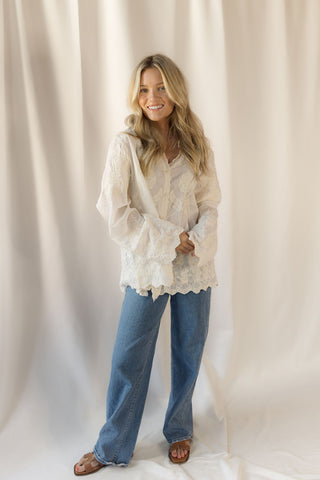 Tilly Embroidered Button Up, Cream - The Red Thread Boutique