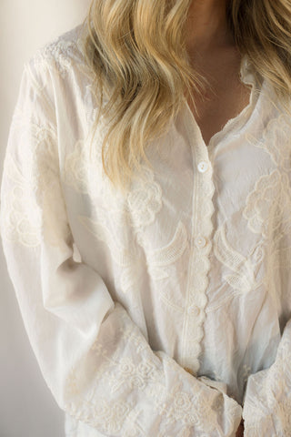 Tilly Embroidered Button Up, Cream - The Red Thread Boutique