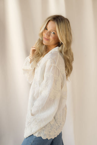 Tilly Embroidered Button Up, Cream - The Red Thread Boutique