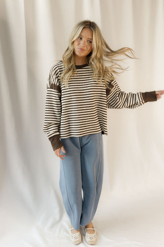 Ellie Stripe Contrast Trim Back Cut-Out Detail Knit Top, Mocha - The Red Thread Boutique