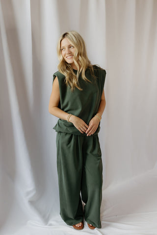 Nora Padded Shoulder Tee, Forest Green - The Red Thread Boutique