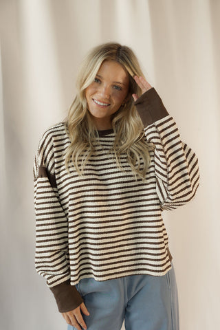 Ellie Stripe Contrast Trim Back Cut-Out Detail Knit Top, Mocha - The Red Thread Boutique