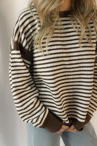 Ellie Stripe Contrast Trim Back Cut-Out Detail Knit Top, Mocha - The Red Thread Boutique