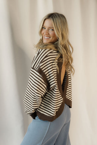 Ellie Stripe Contrast Trim Back Cut-Out Detail Knit Top, Mocha - The Red Thread Boutique