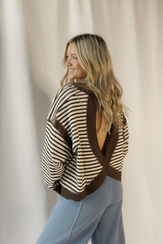 Ellie Stripe Contrast Trim Back Cut-Out Detail Knit Top, Mocha - The Red Thread Boutique