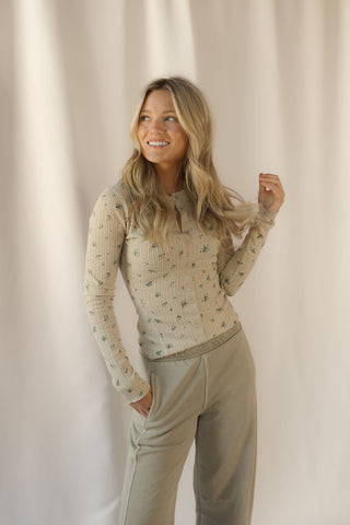 Jordan Floral Snap Front Long Sleeve Waffle Knit Top, Khaki - The Red Thread Boutique
