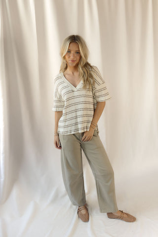 Tilly Marled Stripe Collared Short Sleeve Knit Top, Dark Brown - The Red Thread Boutique