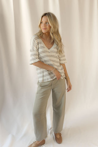 Tilly Marled Stripe Collared Short Sleeve Knit Top, Dark Brown - The Red Thread Boutique
