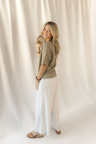 Freda Washed Split Neck Raw Edge Short Sleeve Knit Top, Mocha - The Red Thread Boutique