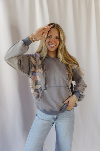 Paloma Floral Patch Mineral Wash Hoodie, Denim - The Red Thread Boutique