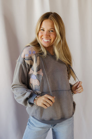 Paloma Floral Patch Mineral Wash Hoodie, Denim - The Red Thread Boutique