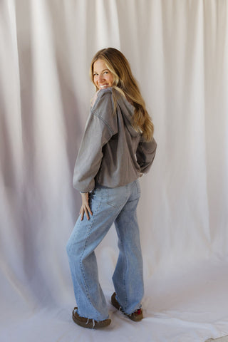 Paloma Floral Patch Mineral Wash Hoodie, Denim - The Red Thread Boutique