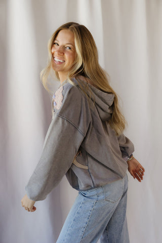 Paloma Floral Patch Mineral Wash Hoodie, Denim - The Red Thread Boutique