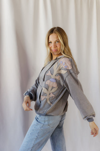 Paloma Floral Patch Mineral Wash Hoodie, Denim - The Red Thread Boutique