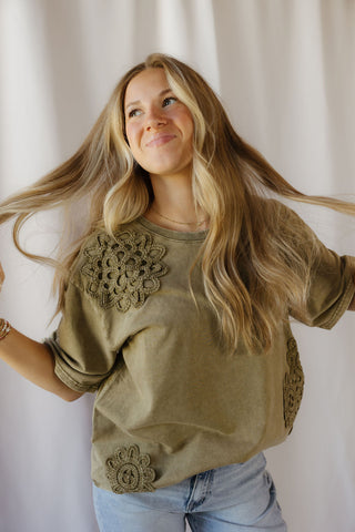 Cleo Crochet Short Sleeve Tee, Olive - The Red Thread Boutique