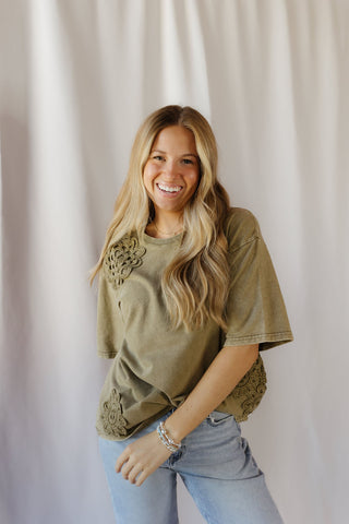 Cleo Crochet Short Sleeve Tee, Olive - The Red Thread Boutique