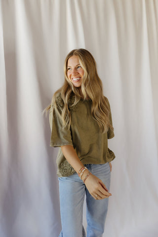 Cleo Crochet Short Sleeve Tee, Olive - The Red Thread Boutique