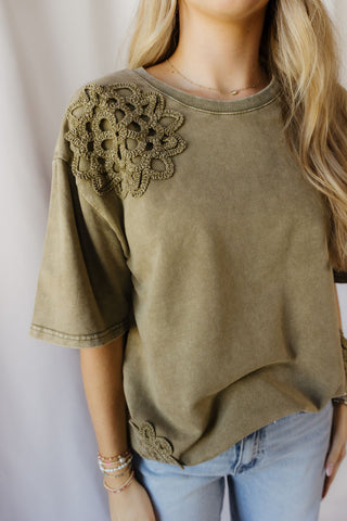 Cleo Crochet Short Sleeve Tee, Olive - The Red Thread Boutique