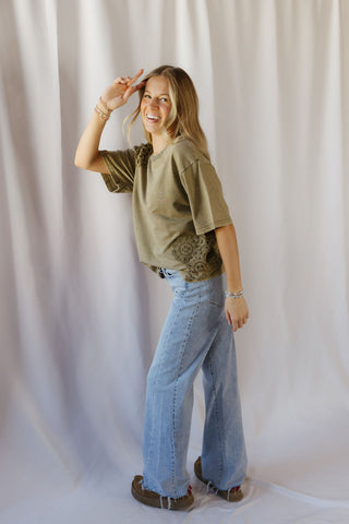 Cleo Crochet Short Sleeve Tee, Olive - The Red Thread Boutique