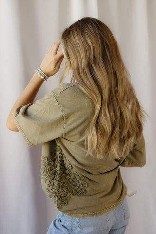 Cleo Crochet Short Sleeve Tee, Olive - The Red Thread Boutique