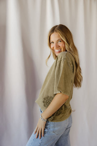 Cleo Crochet Short Sleeve Tee, Olive - The Red Thread Boutique