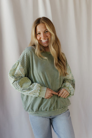 Tallulah Stripe Eyelet Floral Top, Green - The Red Thread Boutique