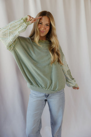 Tallulah Stripe Eyelet Floral Top, Green - The Red Thread Boutique