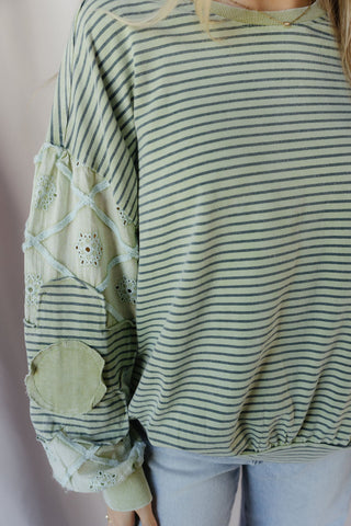Tallulah Stripe Eyelet Floral Top, Green - The Red Thread Boutique