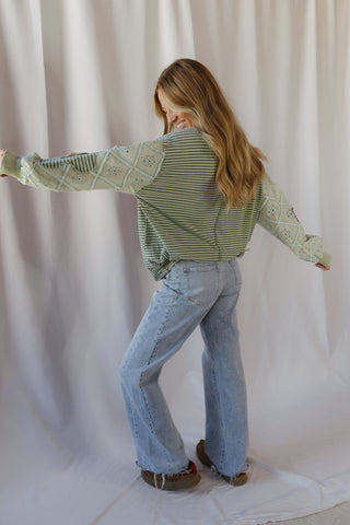 Tallulah Stripe Eyelet Floral Top, Green - The Red Thread Boutique