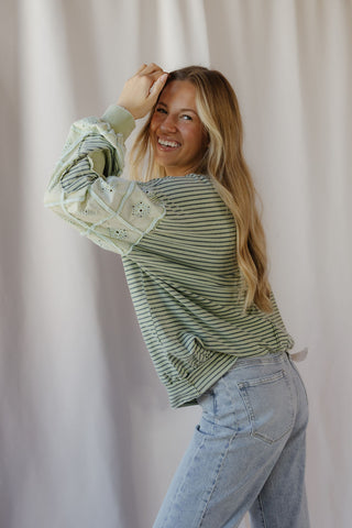 Tallulah Stripe Eyelet Floral Top, Green - The Red Thread Boutique
