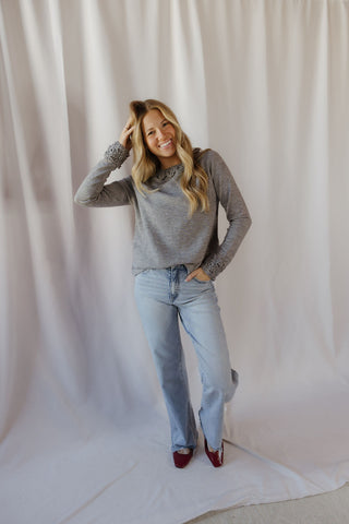 Marisol Scalloped Collar Sweater, Gray - The Red Thread Boutique