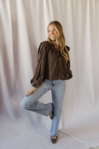 Raina Eyelet Ruffle Top, Mocha Brown - The Red Thread Boutique