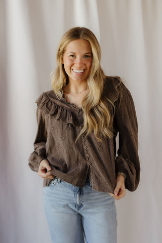 Raina Eyelet Ruffle Top, Mocha Brown - The Red Thread Boutique