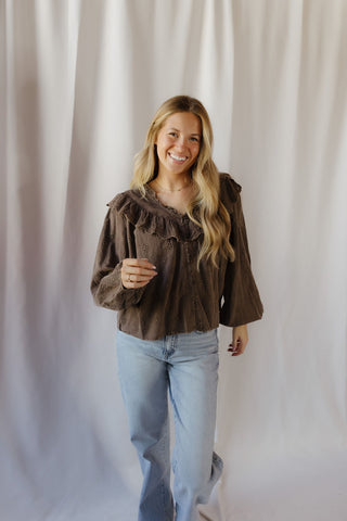 Raina Eyelet Ruffle Top, Mocha Brown - The Red Thread Boutique