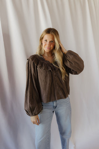 Raina Eyelet Ruffle Top, Mocha Brown - The Red Thread Boutique