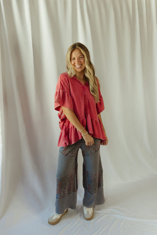 Shea Hooded Ruffle Short Sleeve Sweatshirt, Boho Red