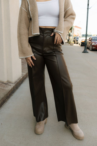 Pintuck Faux Leather Pants, Brown *final sale