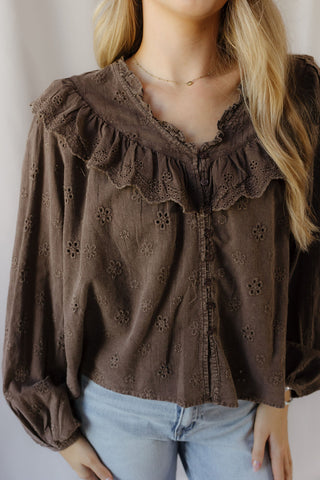 Raina Eyelet Ruffle Top, Mocha Brown - The Red Thread Boutique