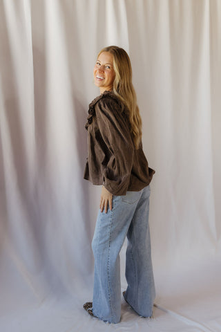 Raina Eyelet Ruffle Top, Mocha Brown - The Red Thread Boutique