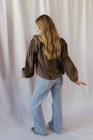Raina Eyelet Ruffle Top, Mocha Brown - The Red Thread Boutique
