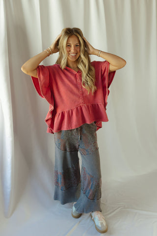 Shea Hooded Ruffle Short Sleeve Sweatshirt, Boho Red