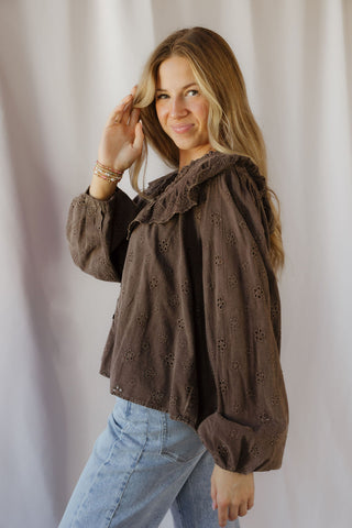 Raina Eyelet Ruffle Top, Mocha Brown - The Red Thread Boutique