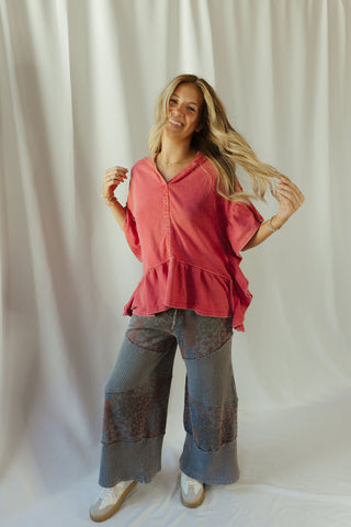 Shea Hooded Ruffle Short Sleeve Sweatshirt, Boho Red