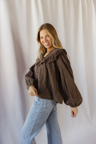Raina Eyelet Ruffle Top, Mocha Brown - The Red Thread Boutique