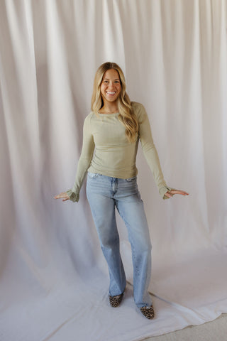Juno Ruffle Sleeve Ribbed Top, Sage - The Red Thread Boutique