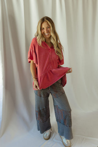 Shea Hooded Ruffle Short Sleeve Sweatshirt, Boho Red
